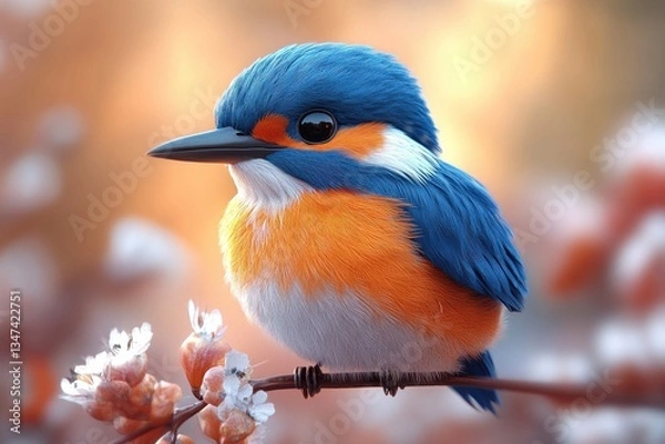 Obraz Colorful bird perched on a branch among blooming flowers during a serene spring morning