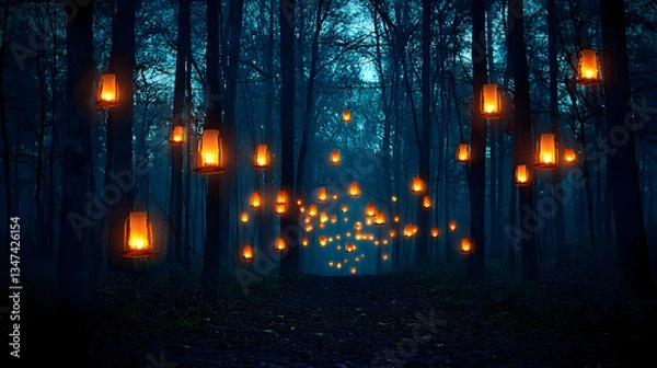 Fototapeta Glowing Lanterns Illuminating Dark Forest Path