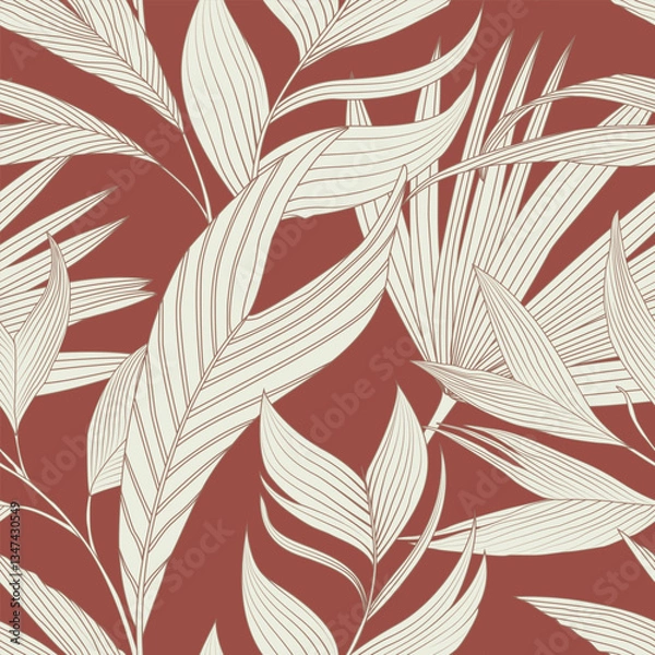Obraz Tropical jungle seamless pattern background with palm leaves in baige.