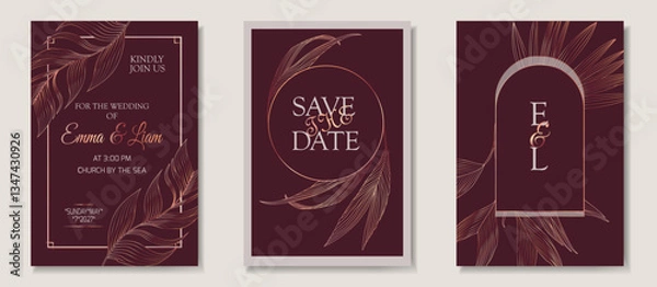 Obraz Luxury Vintage Wedding Invitation Set with Gold Palm Leaves on a Burgundy Background. Elegant Botanical Save the Date, RSVP, and Invitation art-deco, and bohemian wedding themes.