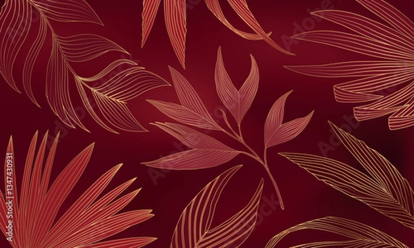 Fototapeta Luxury gold tropical jungl palm leaves vector background. Exotic romantic botanical wallpaper design with golden line art texture from palm leaves.