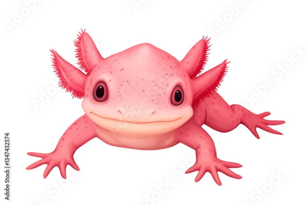 Fototapeta Pink Axolotl amphibian with gills, smiling expression, cute creature, cut out transparent