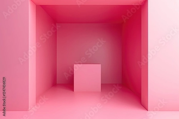 Fototapeta Minimalist pink room interior with a single cube in the center, showcasing clean lines and simple design.