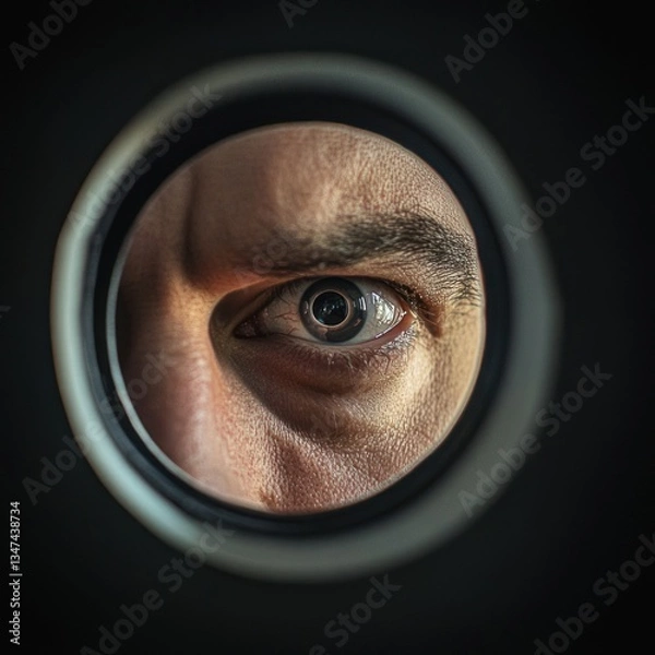 Fototapeta Close-up of a man's eye looking through a peephole in a door