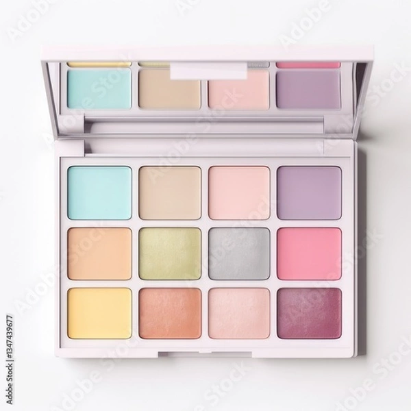 Fototapeta an open palette of colored eye shadow with a mirror is isolated on a white background top view