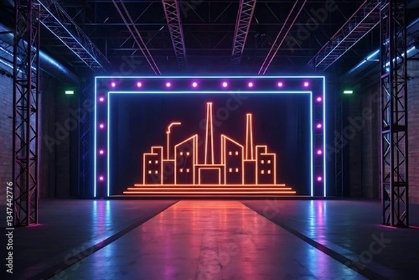 Obraz Neon Cityscape Stage Backdrop with Trussing and Lighting for Events, Presentations, and Modern Set Designs