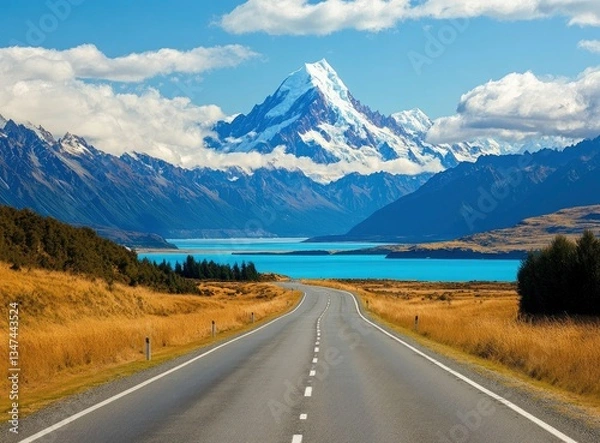 Fototapeta Driving to Majestic Mount Cook with Turquoise Lake Views Road Trip