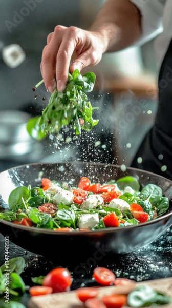 Fototapeta In a bustling kitchen, a chef skillfully tosses a vegetable salad with fresh ingredients like spinach and tomatoes, creating a colorful, healthy dish