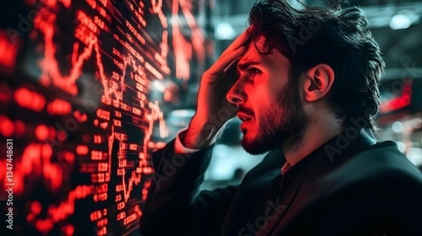 Fototapeta a man looking stressed while looking at a financial data display. The data is highlighted in red, signifying a crisis 