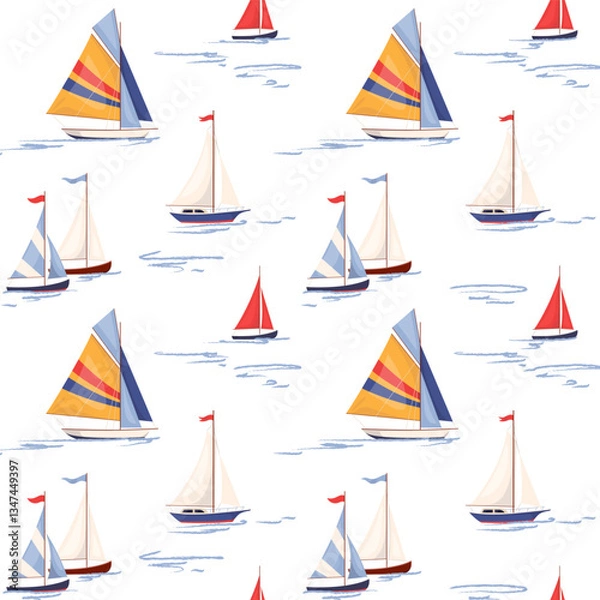 Fototapeta Marine regatta seamless pattern with sailboats. Nautical repeat background with various ships in sea Summer vector endless design in flat style for print, fabric, textile, wrapping paper