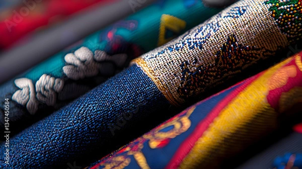 Fototapeta Close Up View Of Multi Colored Fabric Rolls