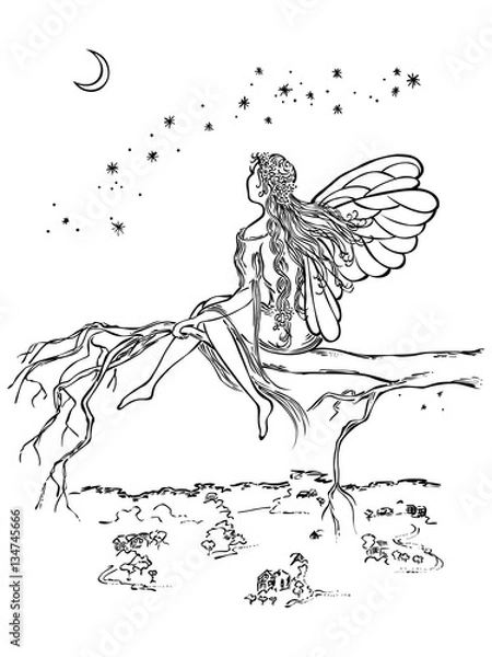 Fototapeta fairy sit in a branch tree looks at the moon
