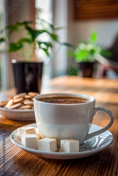 Fototapeta Cozy cup of hot drink with marshmallows on a wooden table in soft light.