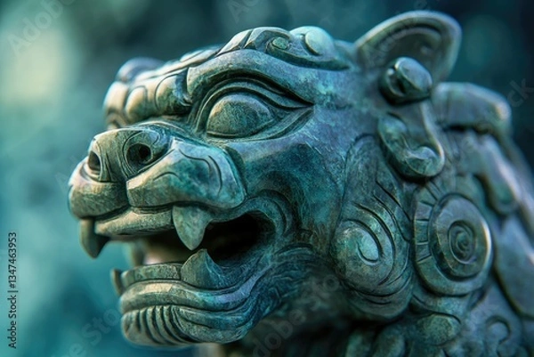Fototapeta Close-up of an intricately carved teal-colored stone lion statue, showcasing its detailed features and weathered texture.