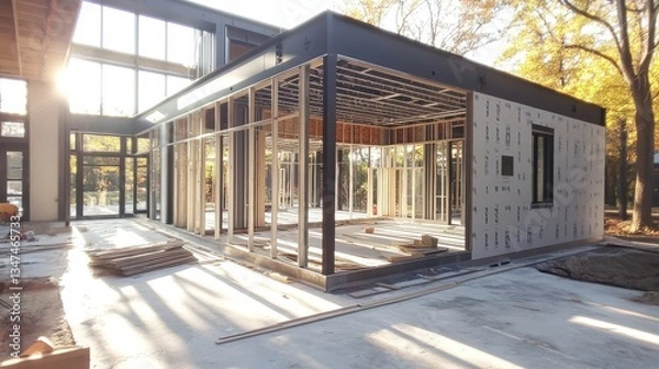 Fototapeta Exploring the early stages of building a steel frame structure.