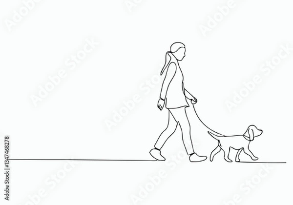 Fototapeta Continuous One Line Girl Walking with Dog | Minimalist Pet Companion Vector Illustration
