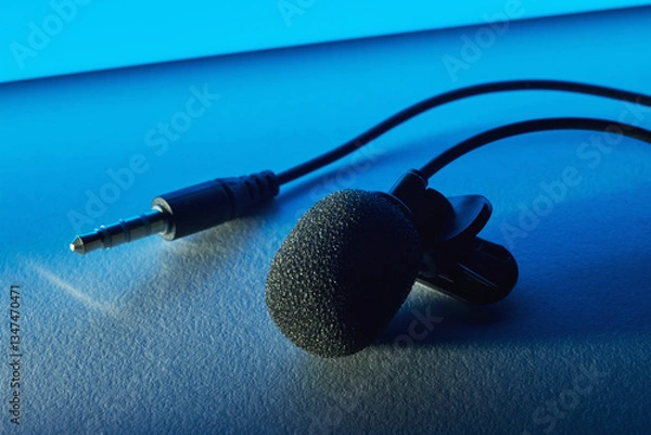 Fototapeta Plug and lavalier microphone at night in blue light on the table.