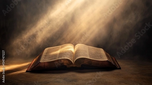 Fototapeta Holy Bible with Beams of light and golden Orbs
