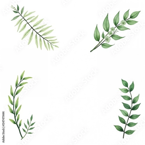 Fototapeta The image shows collections of plants. They are made in the same style, differ in simple lines and monochrome colors. The color palette includes shades of green with a yellowish-green base.