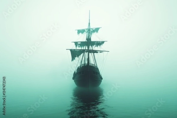 Fototapeta Eerie ghost ship floating in misty water at dawn, creating an atmosphere of mystery and adventure