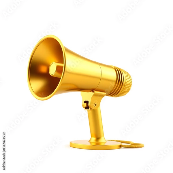 Fototapeta Gold Megaphone Isolated on White Background. Portable Golden Bullhorn Render. 3D Illustration Generative AI