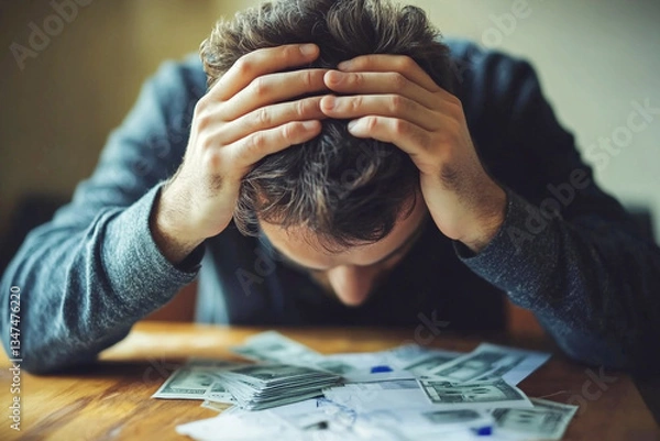 Fototapeta A worried man sitting at a desk, holding his head in his hands, surrounded by financial documents, coins, and a calculator. economic hardship, financial loss, and the stress of bankruptcy