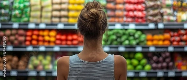 Fototapeta The act of comparing ingredients while grocery shopping highlights consumer behavior trends. 