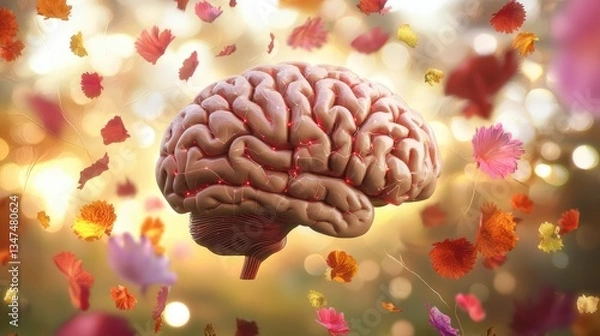 Fototapeta Human brain floats amidst falling autumn leaves in nature, symbolizing cognitive processes