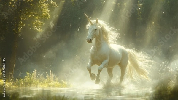 Fototapeta Majestic Unicorn Galloping Through a Misty Forest River