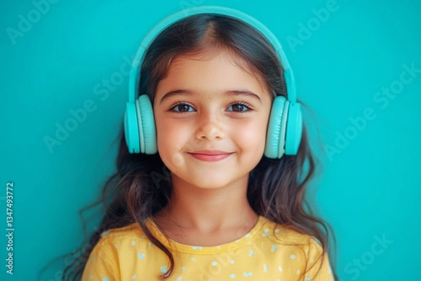 Fototapeta Portrait of a smiling Indian 8-year-old girl with headphones, mint background, perfect for a minimalist mock-up concept of music or studying