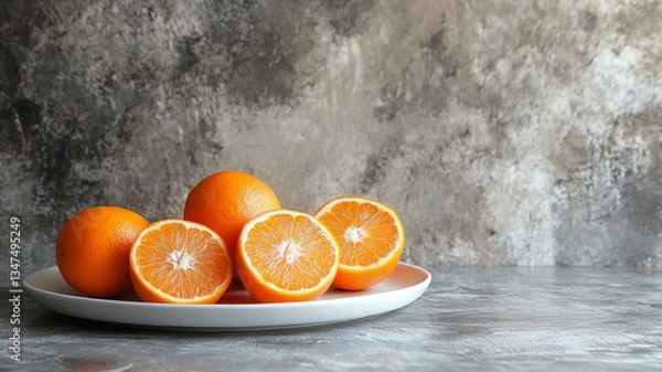 Fototapeta Sliced and whole oranges on a plate against a textured background.