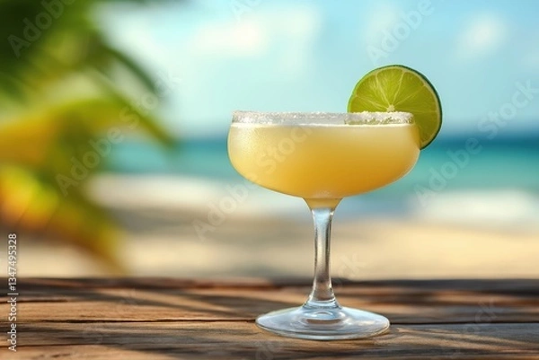 Obraz Chilled Daiquiri Cocktail with Lime Garnish Against a Stunning Cuban Coastal Backdrop