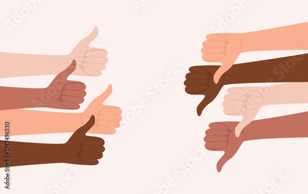Fototapeta Hands of people of different nationalities and skin tones showing thumbs up and thumbs down gestures opposite to each other. Flat vector illustration