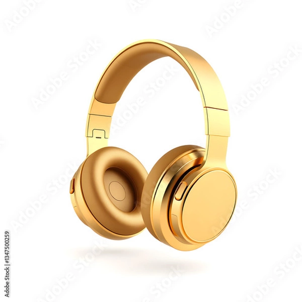 Fototapeta Gold wireless headphones isolated on white background. Minimal design art. 3d illustration. Generative AI