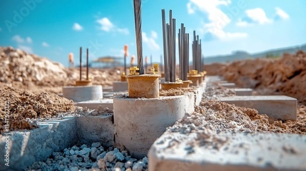 Fototapeta Construction Site: Foundation Piering and Rebar Installation