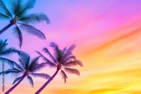Fototapeta Breathtaking jungle sunset showcases vibrant hues over palm trees against a glowing horizon in an enchanting tropical landscape