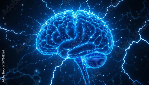 Fototapeta Human brain digital illustration. Electrical activity, flashes and lightning on a blue background. Digital Illustration of the Human Brain. Electrical Activity, Flashes, and Lightning on a Blue Backgr