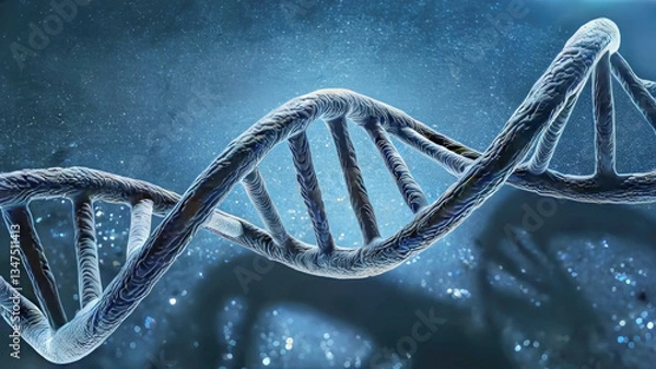 Obraz Real photo DNA helix structure on blue background under microscope. Genetic model, atoms are connected in a molecular chain.