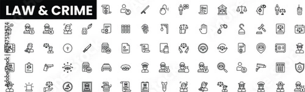 Fototapeta A diverse collection of law and crime-related icons in black and white.