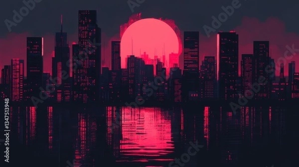 Obraz A cityscape silhouette with a red sun reflected in the water