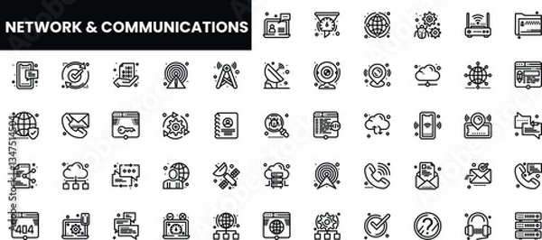 Fototapeta A collection of black and white icons representing network and communication technologies.