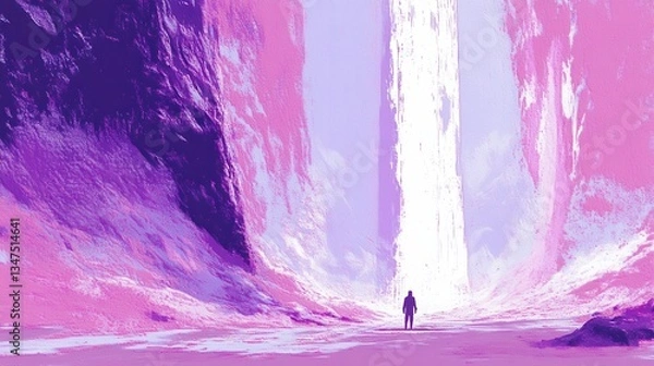 Obraz A lone figure facing an otherworldly bright light ahead