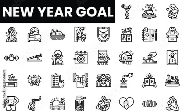 Fototapeta A diverse collection of icons representing New Year goals and resolutions.