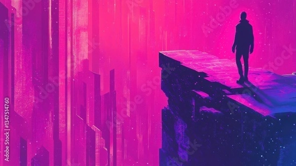 Obraz A lone figure stands on a cliff over an imagined cityscape