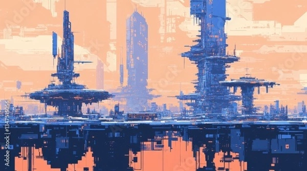 Obraz Futuristic cityscape featuring various high rise structures and reflective water below