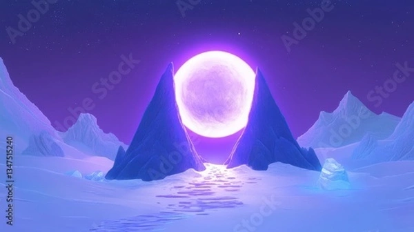 Obraz A surreal landscape featuring an ethereal moon and mountains