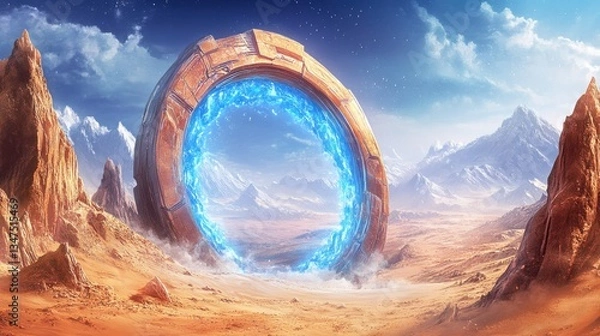 Obraz A glowing blue portal sits in a desert landscape under a blue sky