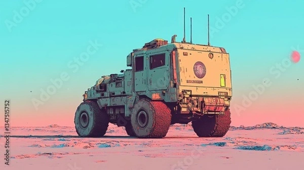 Obraz An imaginative science fiction vehicle is driving on a barren landscape