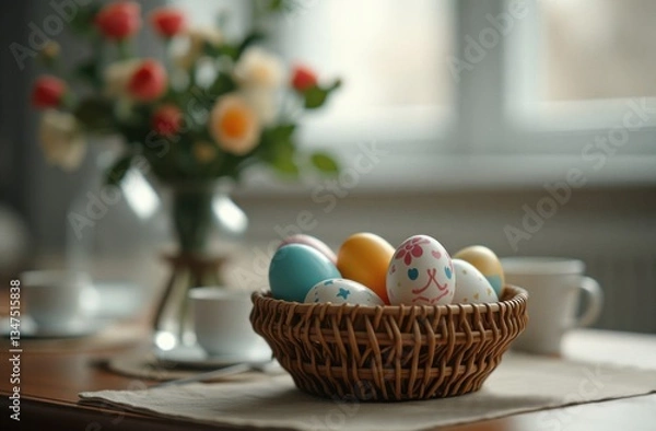 Fototapeta Wicker basket with colorful Easter eggs on wooden table with bouquet of flowers in vase
