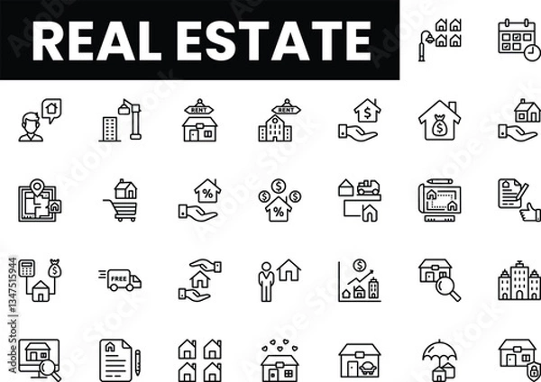 Fototapeta Black and white icons illustrating various real estate concepts and transactions.